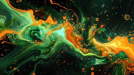 Vibrant explosion of orange and green liquids on a blurry dark background