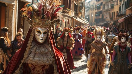 A Group of People Dressed in Elaborate Costumes Walking Down a Street Lined With Buildings - Generative AI