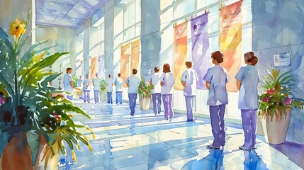 Healthcare workers' observance day, hospital staff gathered for a ceremony, association banners, bright and clean setting, watercolor style, dedicated and appreciative scene