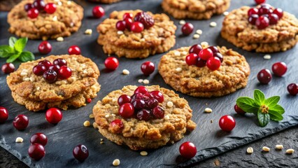 Delicious sweet treats scattered on dark surface, featuring crunchy oat flakes and tart cranberries atop soft oatmeal cookies.