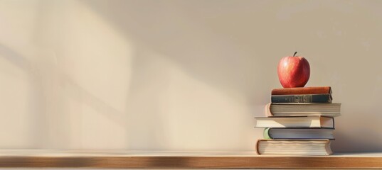 A stack of books with an apple on a wooden desk on a white fuzzy background