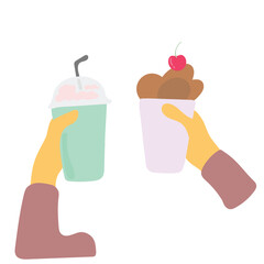 hand holding iced coffee and ice cream illustration vector isolated on white background