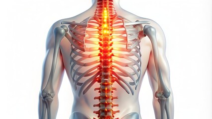 Isolated illustration of a human spine on a white background, highlighting the thoracic and lumbar vertebrae with inflammatory red zones.