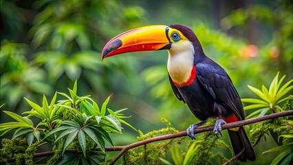Fototapeta premium Toucan with large bill perched in treetops scanning for food, Toucan, large bill, treetops, scanning, food, nature, wildlife, colorful