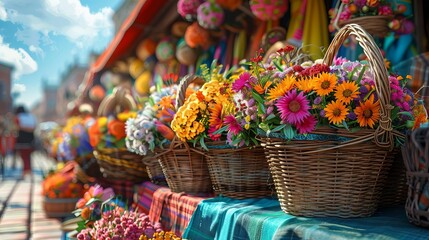 A spring festival with decorative baskets filled with flowers on display, vibrant colors, outdoor market, digital painting, cheerful and festive atmosphere