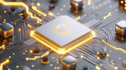 A glowing golden shield on a silver chip circuit board, symbolizing protection and security