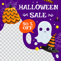 Halloween sale banner template with cute kawaii ghost and colorful pumpkin. Vector empty holiday frame for special discount offer with cartoon spooky phantom, cobweb, witch hat, ripe gourd and spider