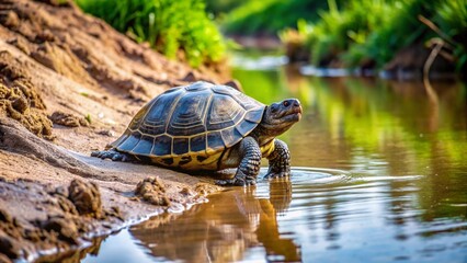 Fototapeta premium A turtle climbing out of a pond onto a muddy bank, its feet leaving distinct prints in the wet earth.
