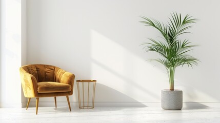 Fototapeta premium Gold chair beside end table and potted plant in white room. Space for your product