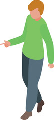 Fototapeta premium Young man in green sweatshirt and blue pants pointing with finger while walking
