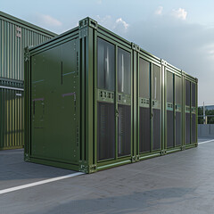 A cargo container painted in a distinctive olive green shade against an urban backdrop,
Warehouse of stacked cargo standard
