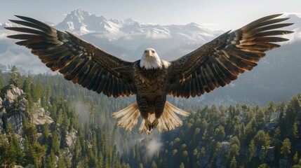Fototapeta premium A Bald Eagle Soaring Over a Forested Mountain Range in the Distance With Snow Capped Peaks in the Foreground - Generative AI