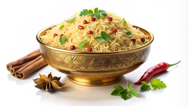 Savory golden bowl of fragrant mixed basmati rice dish, adorned with spices and herbs, isolated on a transparent background.