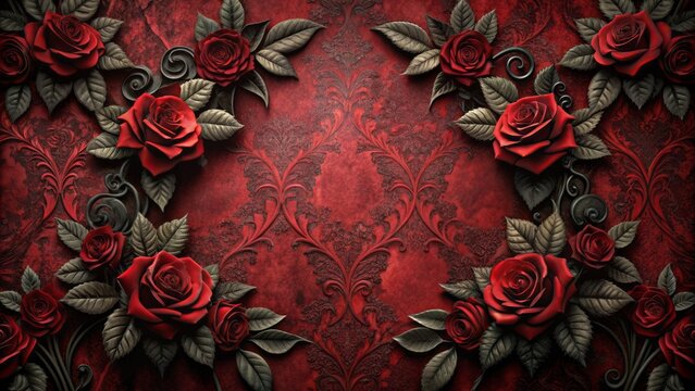 Dark, high-contrast, gothic-inspired 3D wallpaper featuring red and black roses, leaves on textured, deep red background with central copy space.