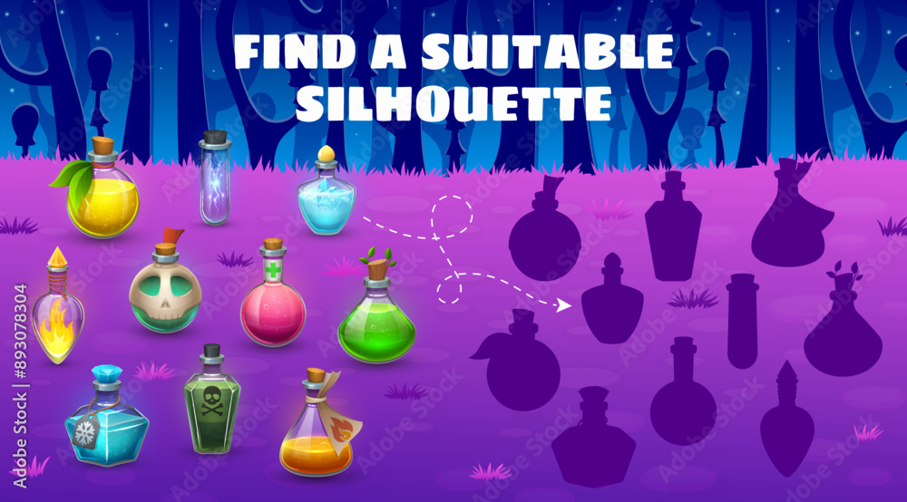 Poster find the correct silhouette of halloween potion bottles kids quiz game vector worksheet. halloween h
