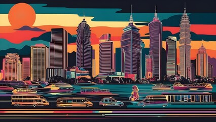 realistic digital painting in nighlife city, papercut art with blending color