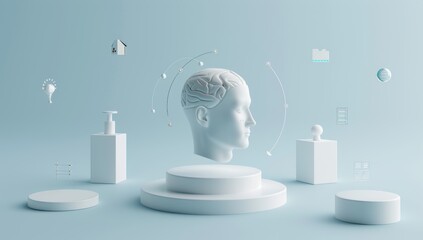 brain with neural connections on the right side, and small cubes connected in the style of lines on a light blue