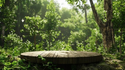 A sunlit wooden platform set amidst a lush green forest