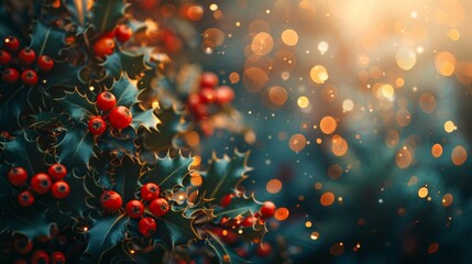 A cozy Christmas setting with holly berries, festive garlands, and warm lights.