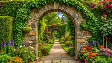 Majestic stone archway adorned with lush green ivy and vibrant flowers leads to serene and tranquil garden oasis surroundings.
