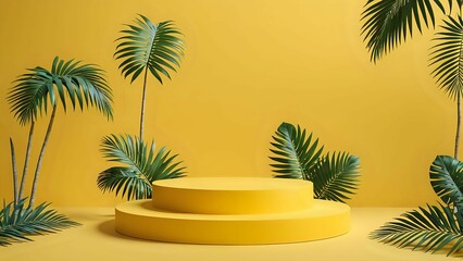 Obraz premium Yellow podium with palm leaves on a yellow background.