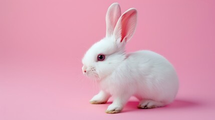 White ester bunny rabbit with pink ears on pink background
