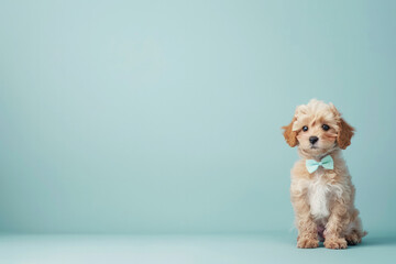 Adorable small white dog with a cute bow on a blue background. Perfect for pet grooming salons, veterinary clinics, and pet adoption agencies. High-quality image ideal for promotional materials