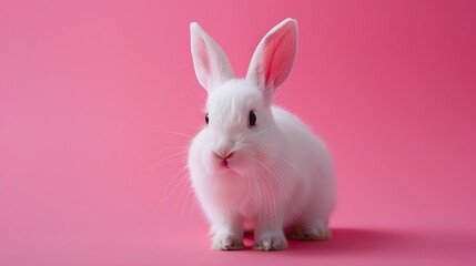 White ester bunny rabbit with pink ears on pink background