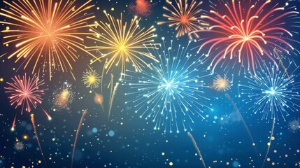 Naklejka premium A vibrant display of fireworks lighting up the night sky in a festive New Year celebration.