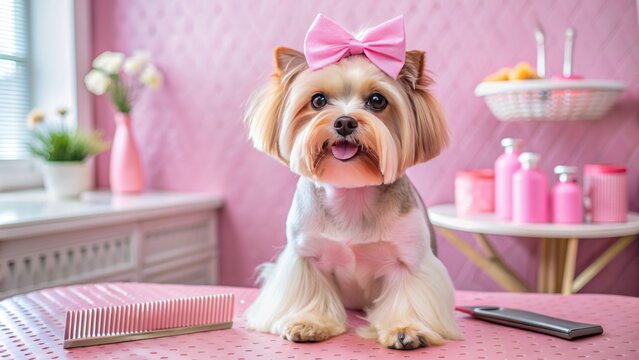 Adorable canine client receives stylish trim amidst pink surroundings at luxurious pet grooming salon, comb laid tenderly nearby.