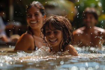 Obraz premium Poolside Laughter A family laughing and splashing in a pool at a sunny resort, with children playfully throwing water at their parents 