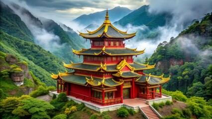Naklejka premium Vibrant intricately carved red walls and golden accents adorn ancient ornate Chinese temple surrounded by lush green misty mountain landscape.