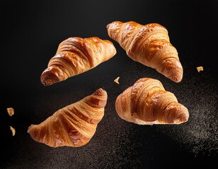 Flying croissant against black background. Flying croissants.