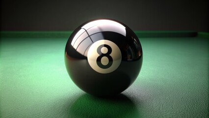 Shiny black sphere with white number eight emblazoned on it, reflected on a smooth dark green felt surface background texture.