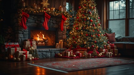 Obraz premium A Fireplace With a Christmas Tree in Front of It and Presents on the Mantel - Generative AI