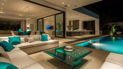 Minimalist luxury interior design of a pool villa living room at night, showcasing a sleek glass coffee table with turquoise accents.