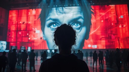 Government Oversight: Symbolic imagery of an authoritative figure watching over a crowd through a giant screen, representing government oversight