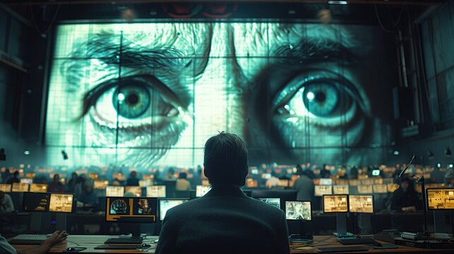 Government Oversight: Symbolic imagery of an authoritative figure watching over a crowd through a giant screen, representing government oversight - Powered by Adobe