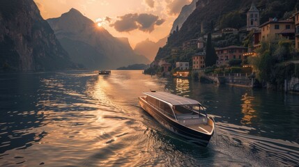 Fototapeta premium A boat is traveling down a river with a sunset in the background