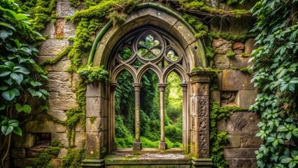 Obraz premium Ancient stone window with intricate carvings and worn archways, surrounded by overgrown vines and moss, evoking a sense of forgotten history.