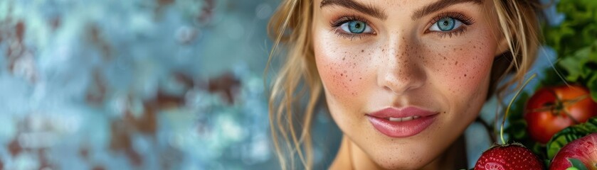 Naklejka premium Close-up portrait of a woman with blue eyes and light brown hair, looking directly at the camera.
