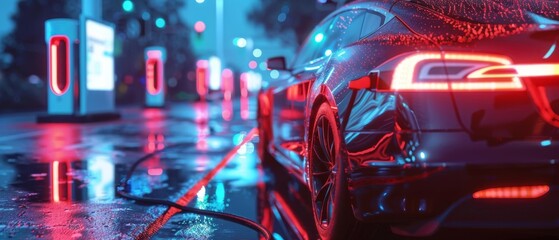 Fototapeta premium Electric car charging at a station close up, focus on, copy space Sleek metallic shades Double exposure silhouette with charging symbols