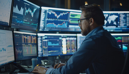 Fototapeta premium Professional Stock Trader Analyzing Financial Market Growth Graphs on Multiple Screens