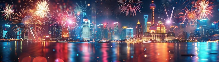 Colorful fireworks display over city skyline reflected in water.