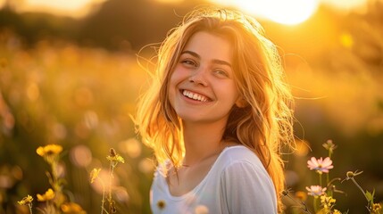 Fototapeta premium A woman smiles brightly in a field of wildflowers. AI.