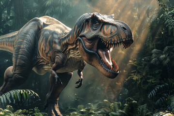 Tyrannosaurus rex dinosaurs in a lush jungle