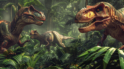 Tyrannosaurus rex dinosaurs in a lush jungle