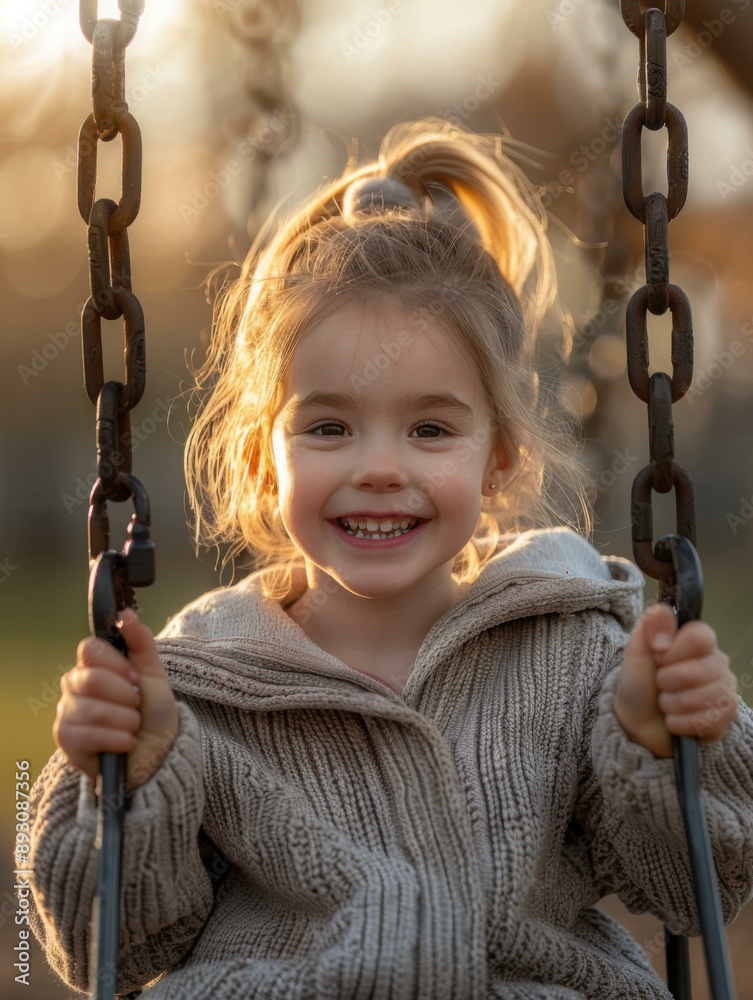 Poster A young girl smiles brightly while swinging on a swing set. AI.