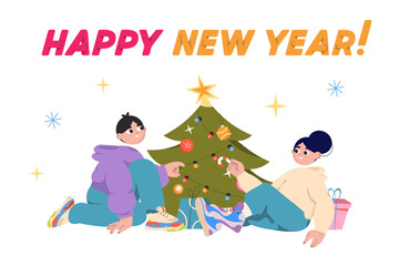 Happy New Year text and a guy and a girl decorating a Christmas tree