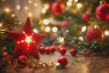 Red star-shaped Christmas ornament with twinkling lights and festive decorations on a Christmas tree branch, creating a warm holiday mood.